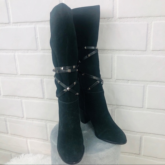 Leather suede black boots with studded straps - Picture 2 of 8